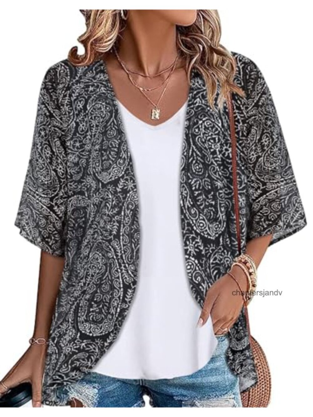 Women's Chiffon Kimono Cardigan Beach Cover Up Floral Loose 3/4 Sleeve Summer